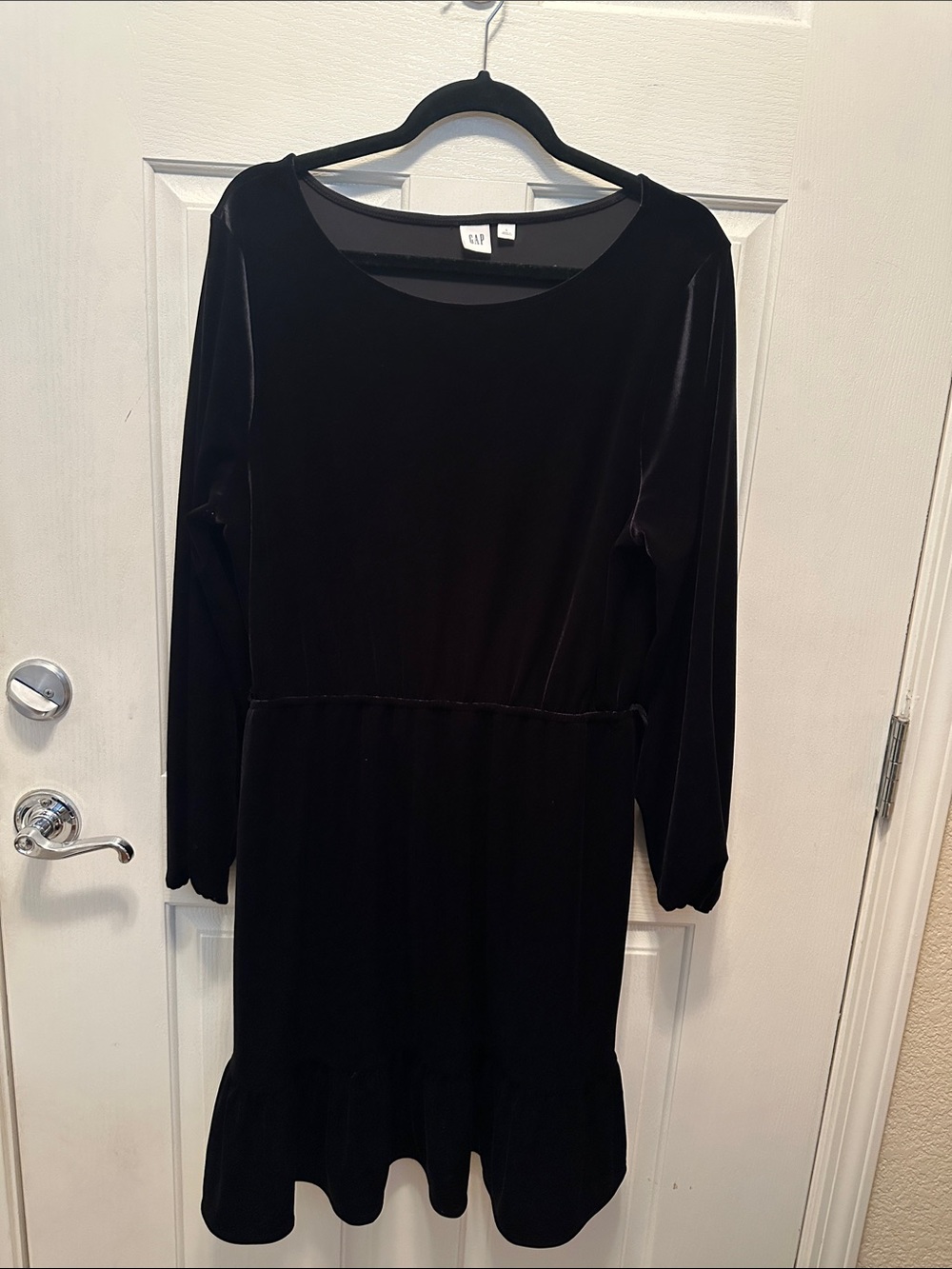 GAP Black Stretchy Velvet Long Sleeve Ruffle-Hem Midi Dress Formal Holiday Lrg